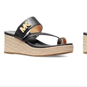 Michael Kors Black Leather MK Logo Espadrille Wedge Sandals with Gold Logo
